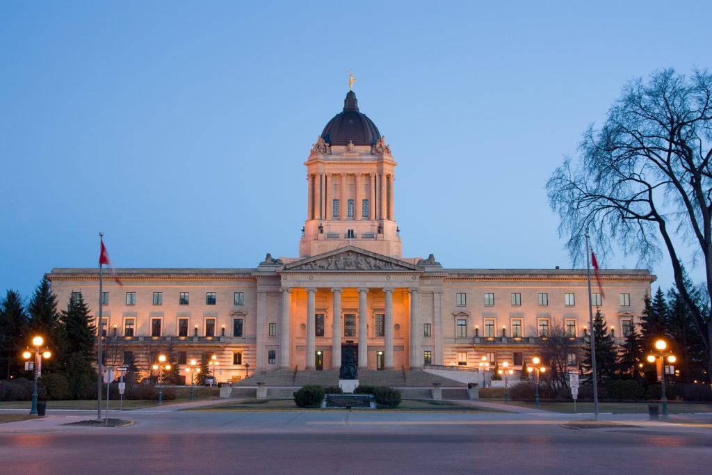 Manitoba Legislative Building at dusk in Winnipeg, Manitoba, Canada